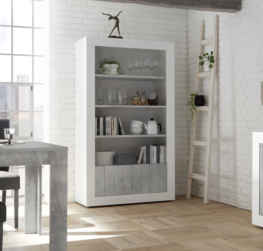 Libreria moderna con 3 ripiani e 2 ante, finitura Bianca Lucida e Cemento