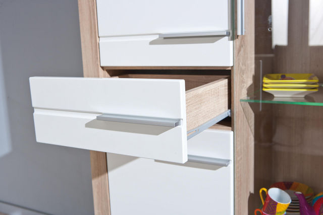 Vetrina Laminato Rovere e Bianco Laccato, con LED e ripiani in vetro temperato