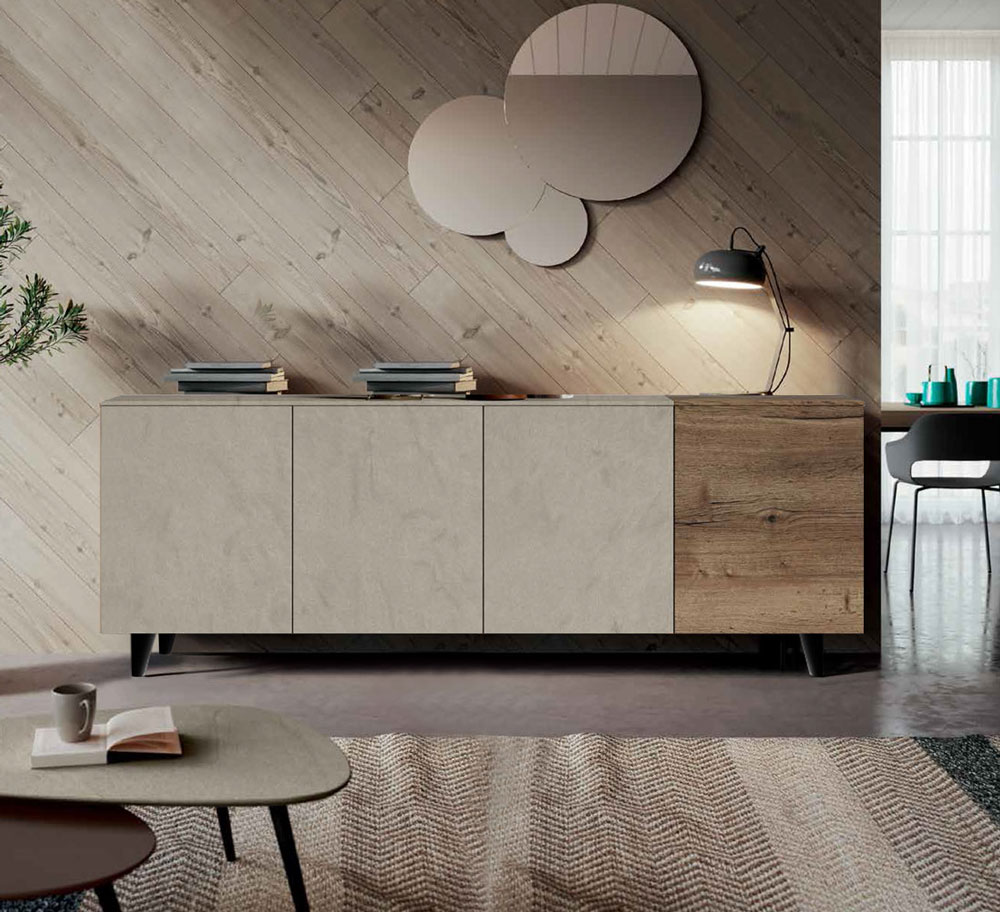 Madia 4 ante con apertura push pull, finitura Argilla e Rovere tabacco