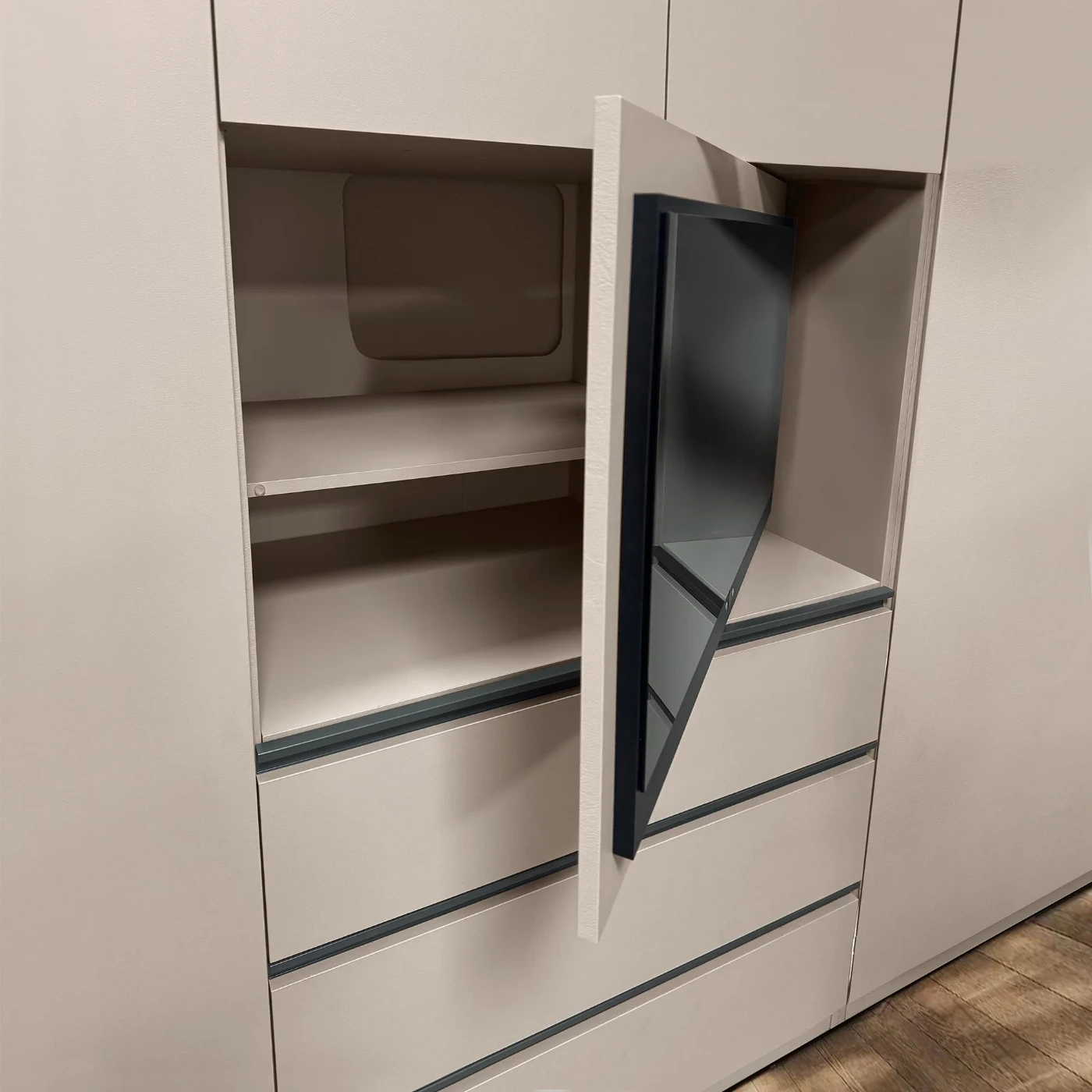 Armadio con tv girevole, finitura cashmere, prevendita a prezzo scontato, spedizione gratuita