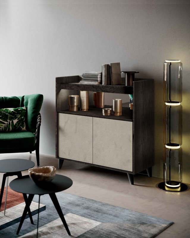 Madia buffet a 2 ante, finitura Legno bruciato e Argilla