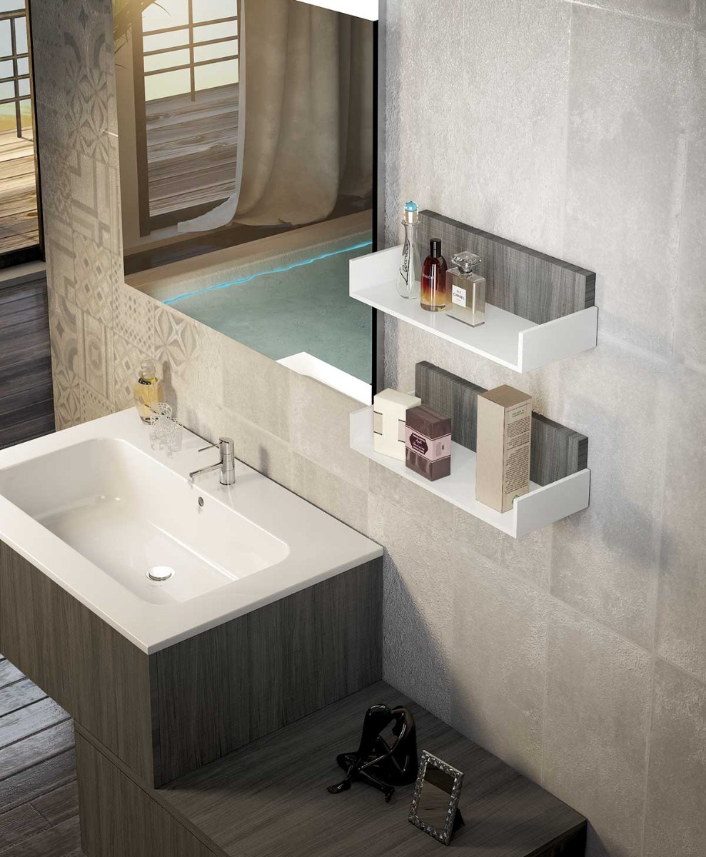 Mobile bagno sfalsato con lavabo, 2 cassetti, finitura Olmo danubio