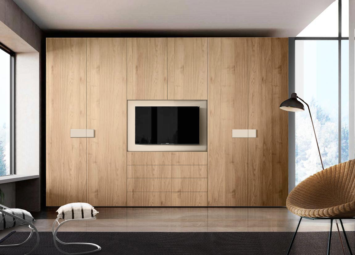 Armadio per camera letto con vano tv, Noce Biondo e Orzo