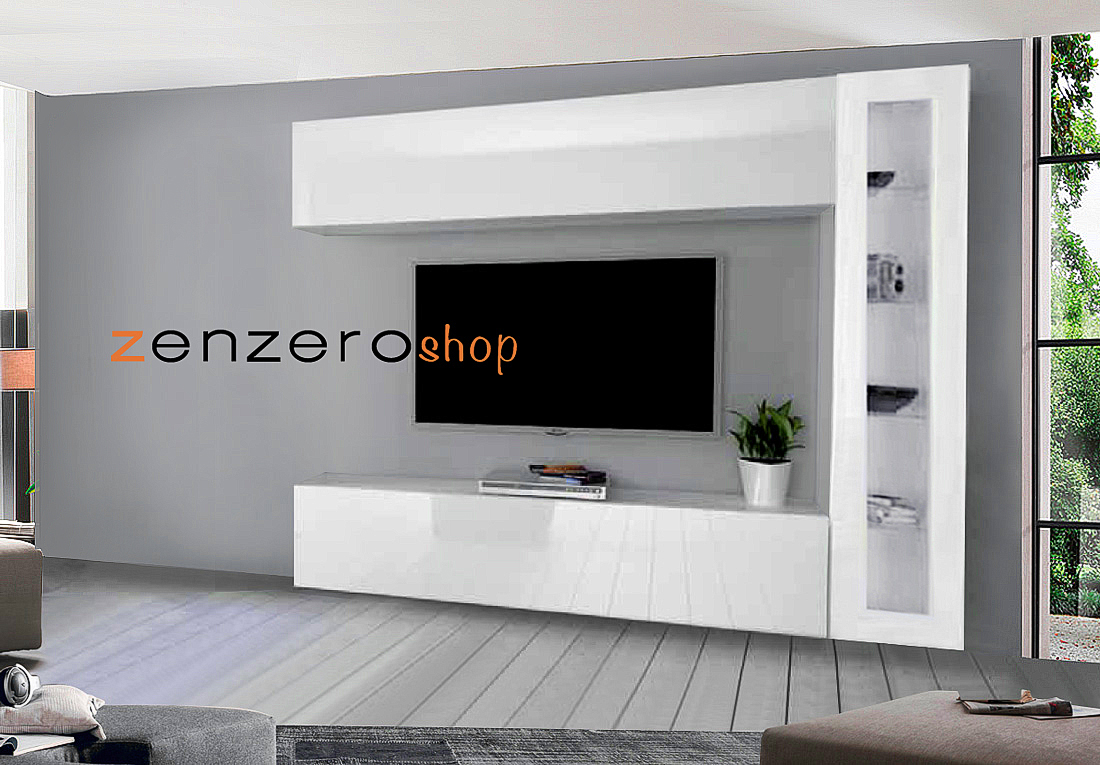 Soggiorno Zenzero, parete attrezzata con 2 pensili orizzontali e 1 vetrina laterale, finitura bianco lucido