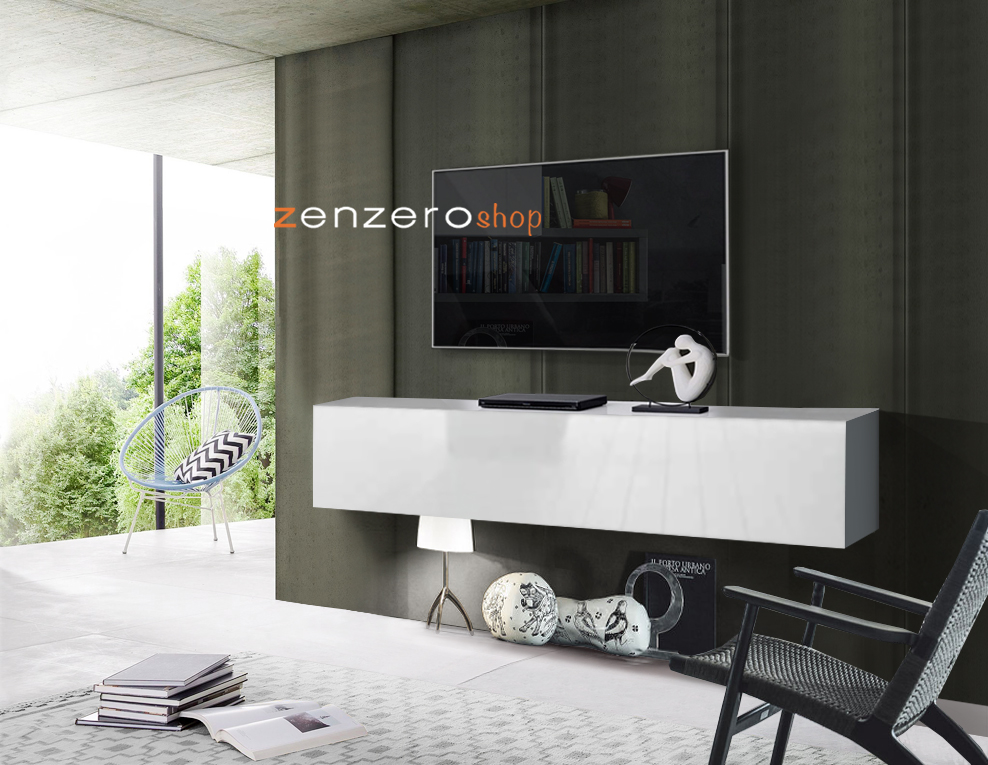 Pratica Base TV sospesa anta a ribalta, finitura bianca lucida