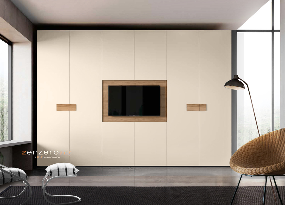 Armadio camera letto con vano tv, Noce Biondo e Orzo