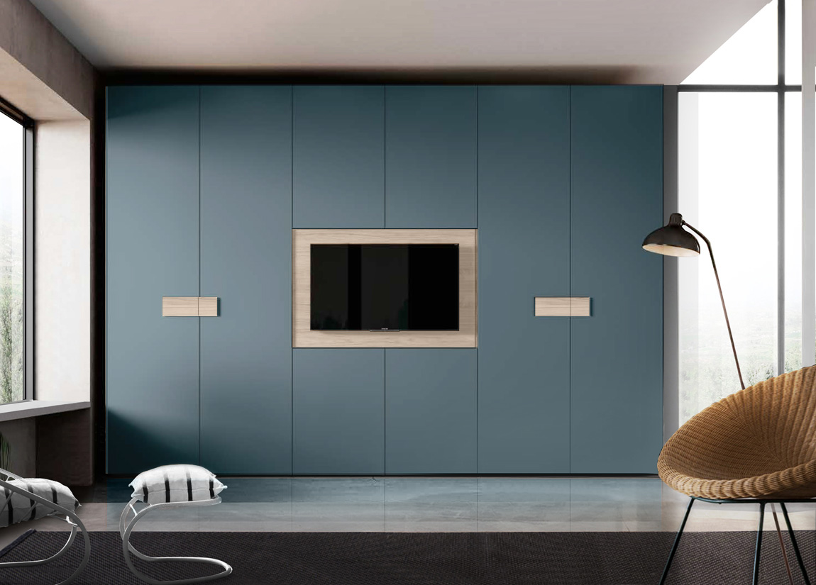 Armadio camera letto con vano tv, Petrolio e Olmo Natura