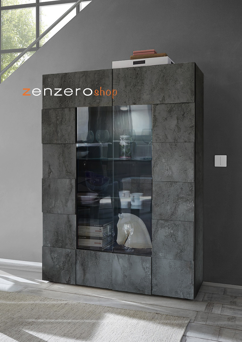 Pratica Vetrina dal design moderno a 2 ante, finitura Ossido