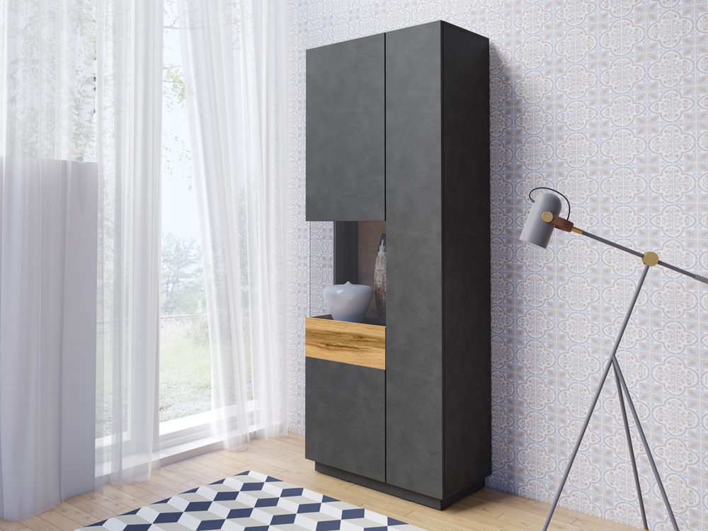 Sala moderna di design composta da Credenza e 2 Vetrine, finitura antracite e rovere naturale