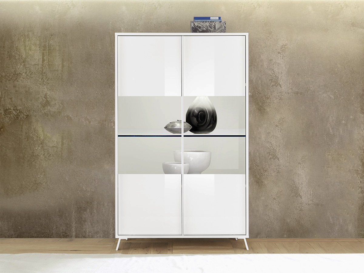 Vetrina moderna 2 ante parzialmente vetro, finitura Bianco lucido