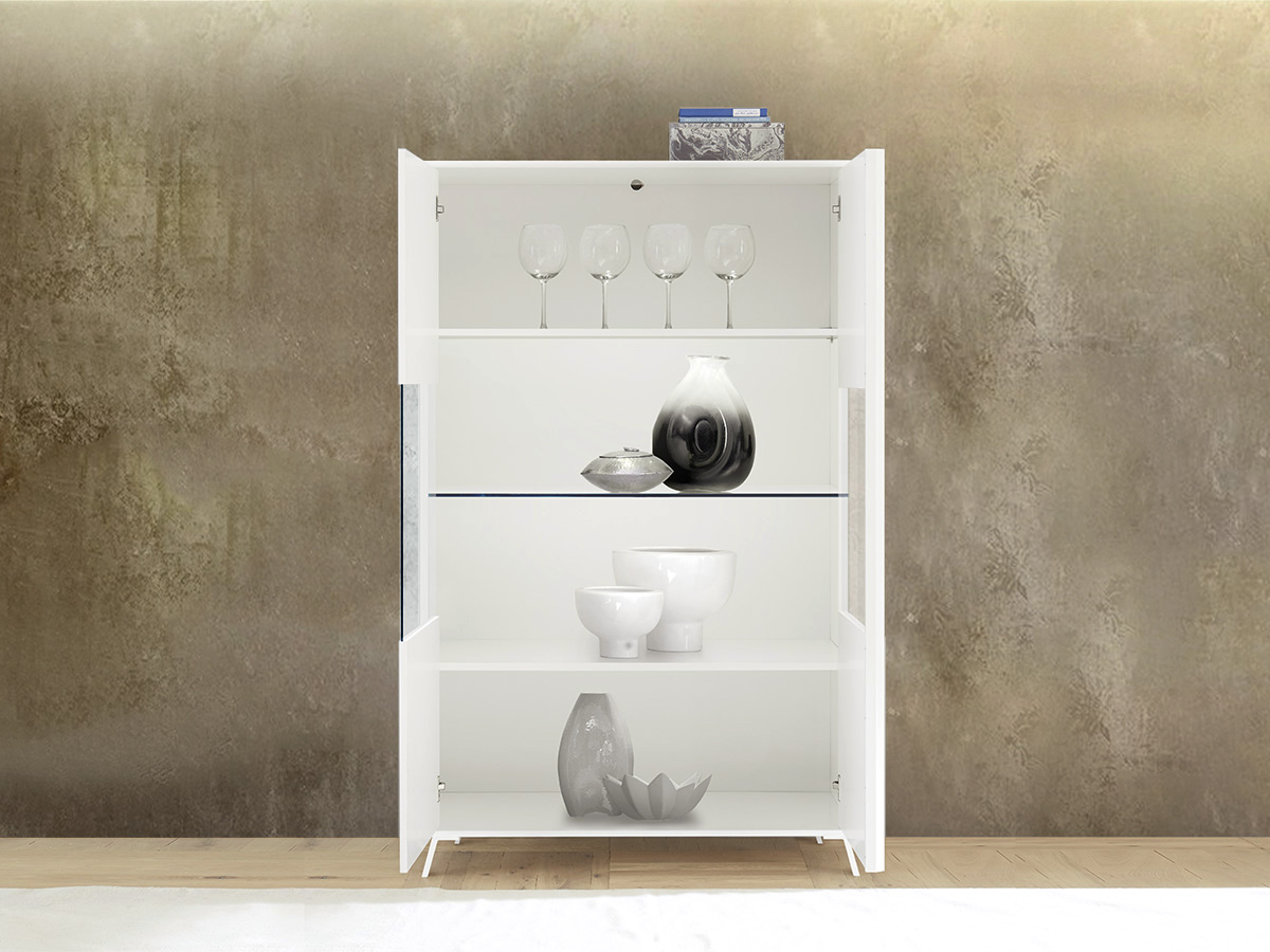 Vetrina moderna 2 ante parzialmente vetro, finitura Bianco lucido