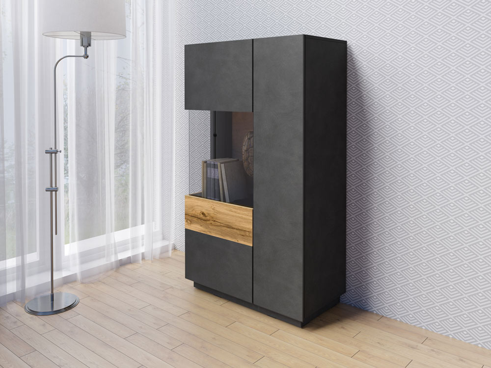 Credenza alta , vetrina contenitore, finitura antracite e rovere naturale