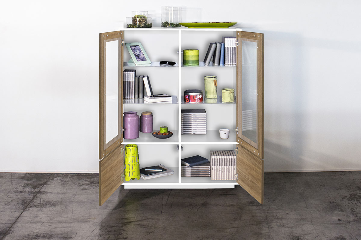 Vetrina in finitura noce caracalla e struttura bianca laccata lucida 