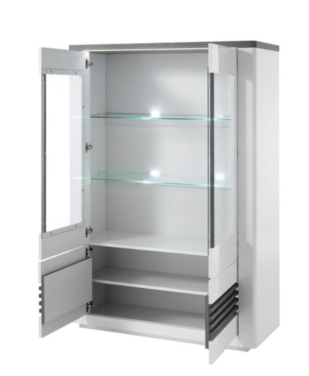 Vetrina 4 ante, bianco lucido e rovere adamello, made in Italy