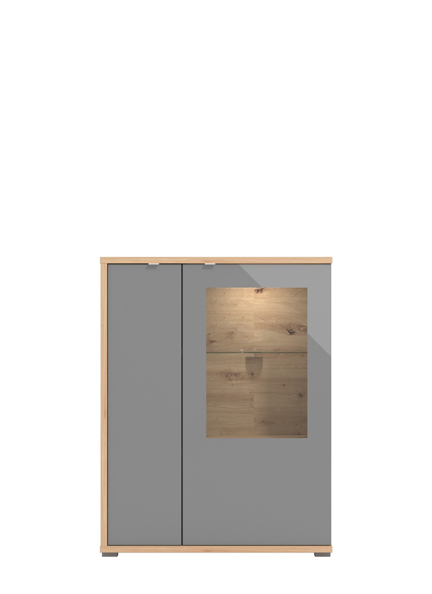 Vetrina bassa con ante vetro grigio, finitura Grafite e Rovere