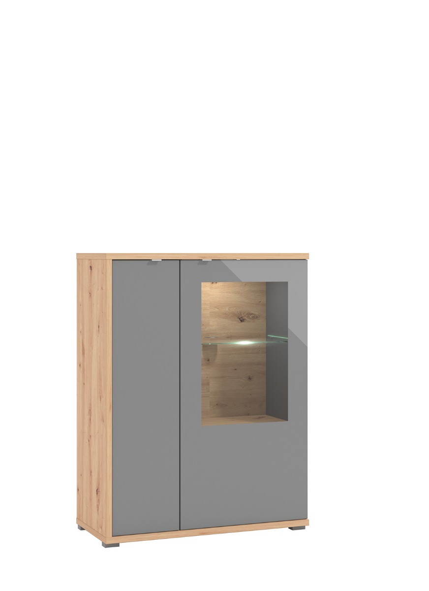 Vetrina bassa con ante vetro grigio, finitura Grafite e Rovere