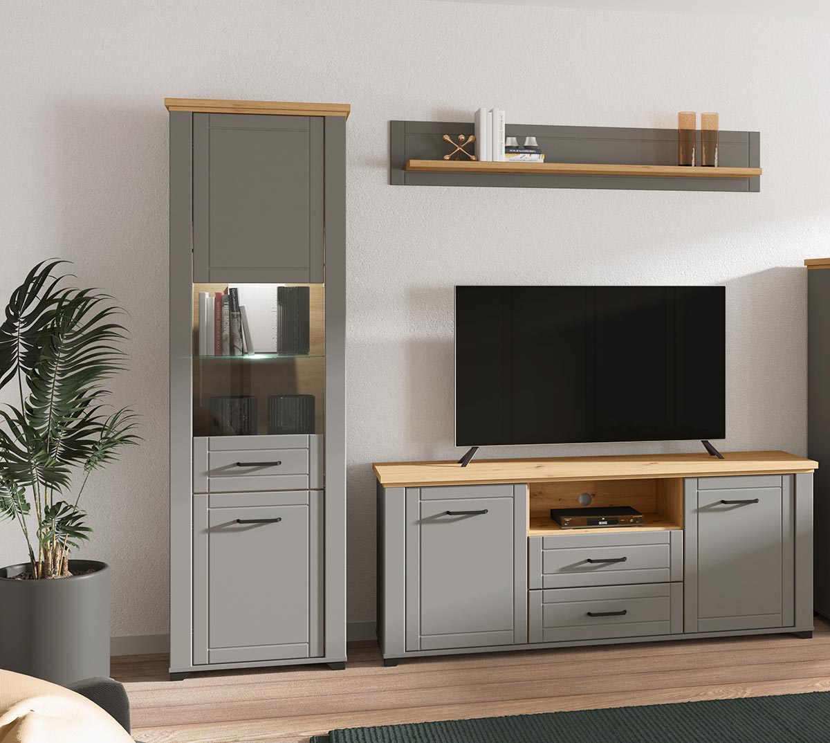 Vetrina stretta 2 ante, finitura Rovere e Grigio grafite