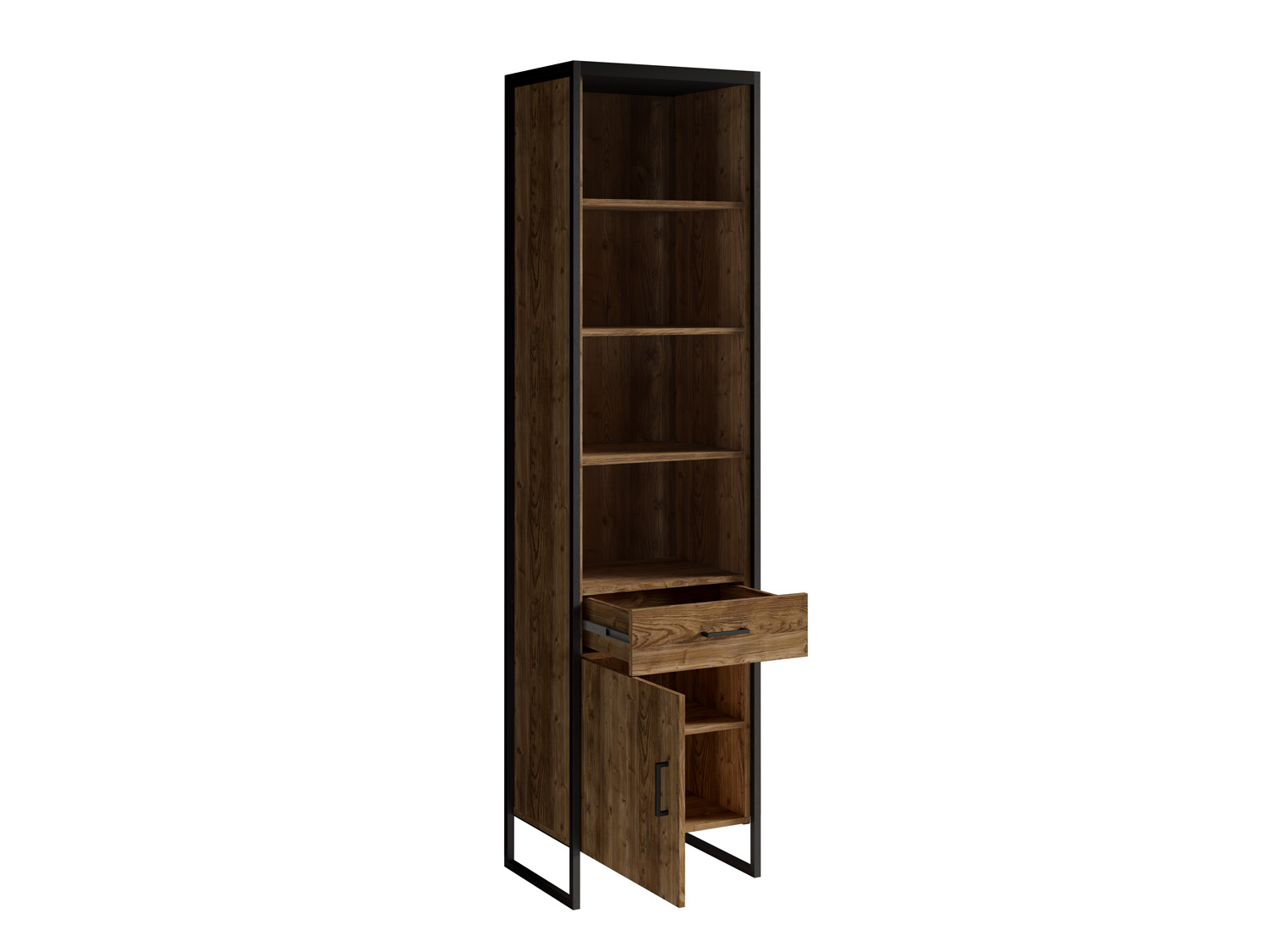 Vetrina colonna, finitura legno invecchiato e metallo nero