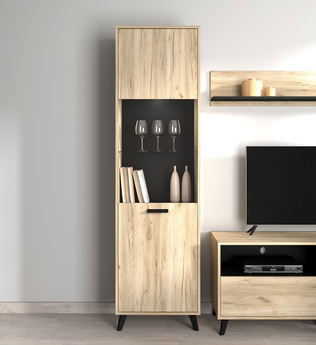 Vetrina 1 anta con piedini, finitura Rovere grigio e Nero