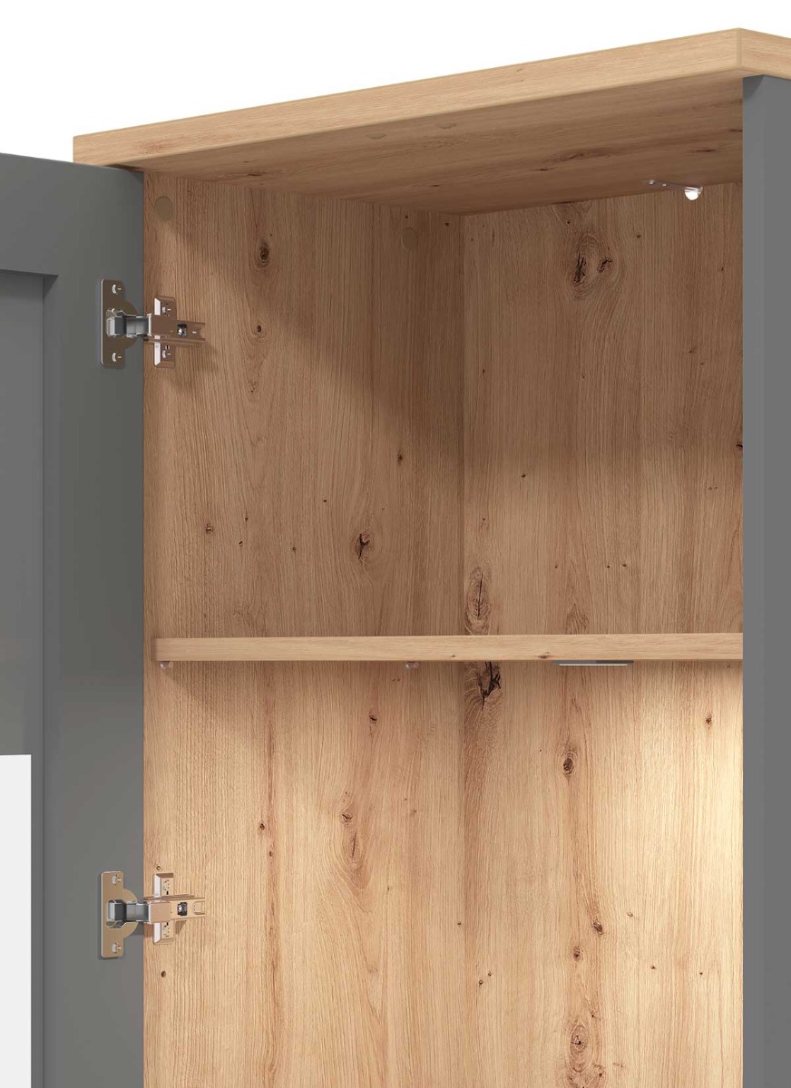 Vetrina con ante vetro grigio, finitura Grafite e Rovere