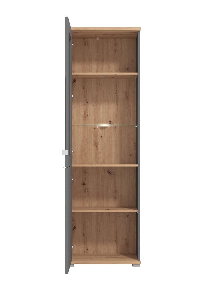 Vetrina con ante vetro grigio, finitura Grafite e Rovere