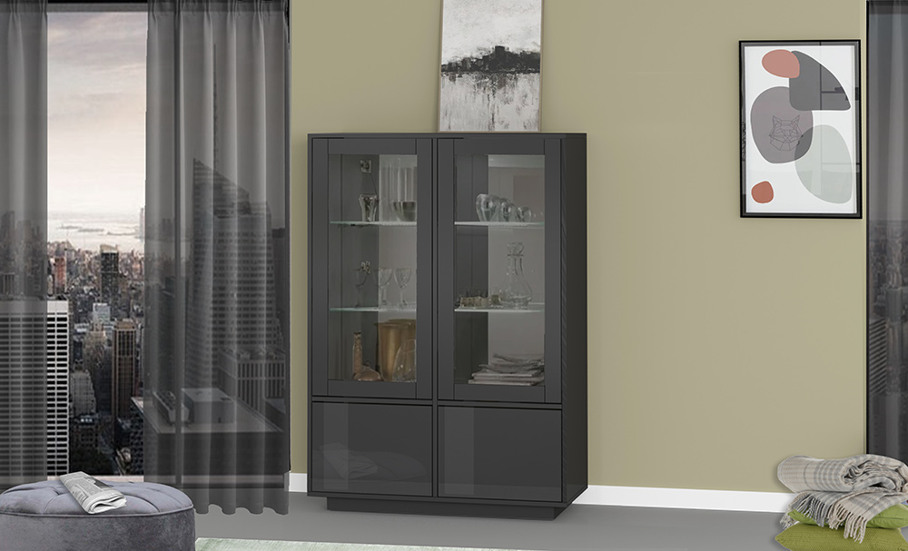 Sala da pranzo formata da vetrina e credenza laccato antracite lucido 