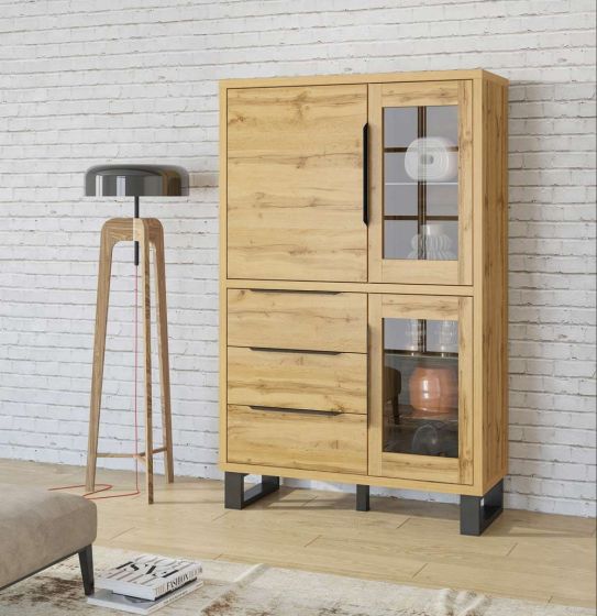 Salotto composto da 2 vetrine, porta TV e madia finitura quercia e metallo nero