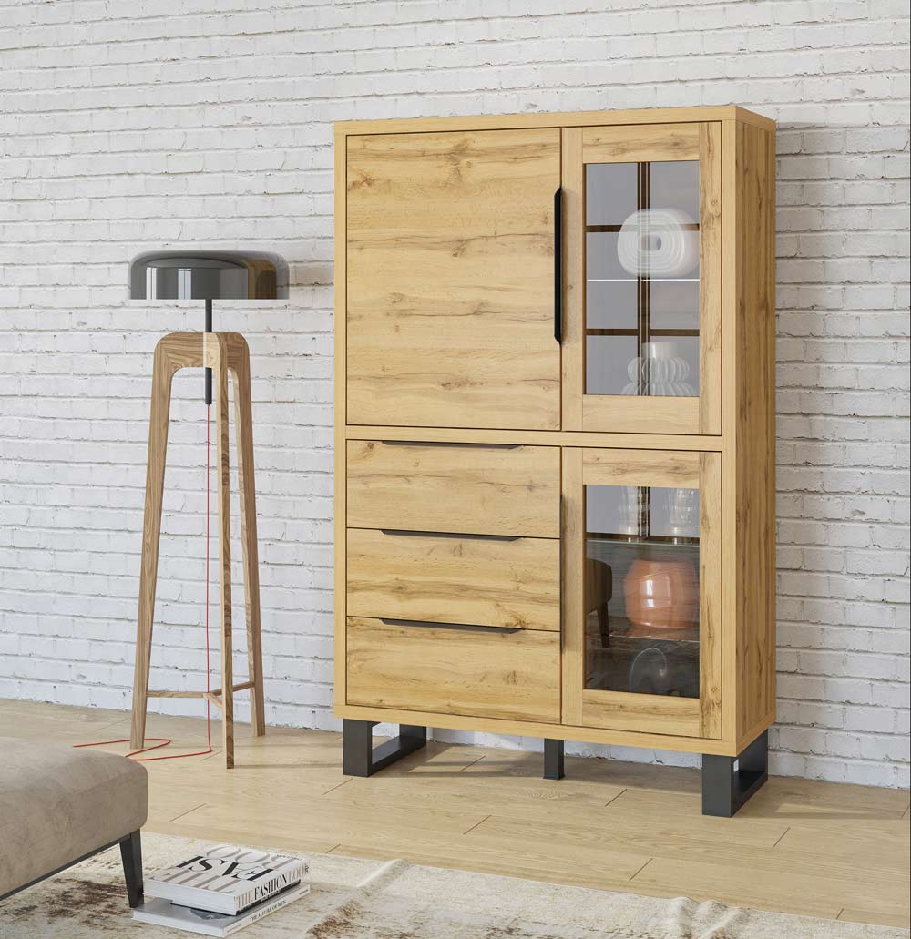 Vetrina Cracovia 3 ante 3 cassetti, finitura quercia e metallo nero