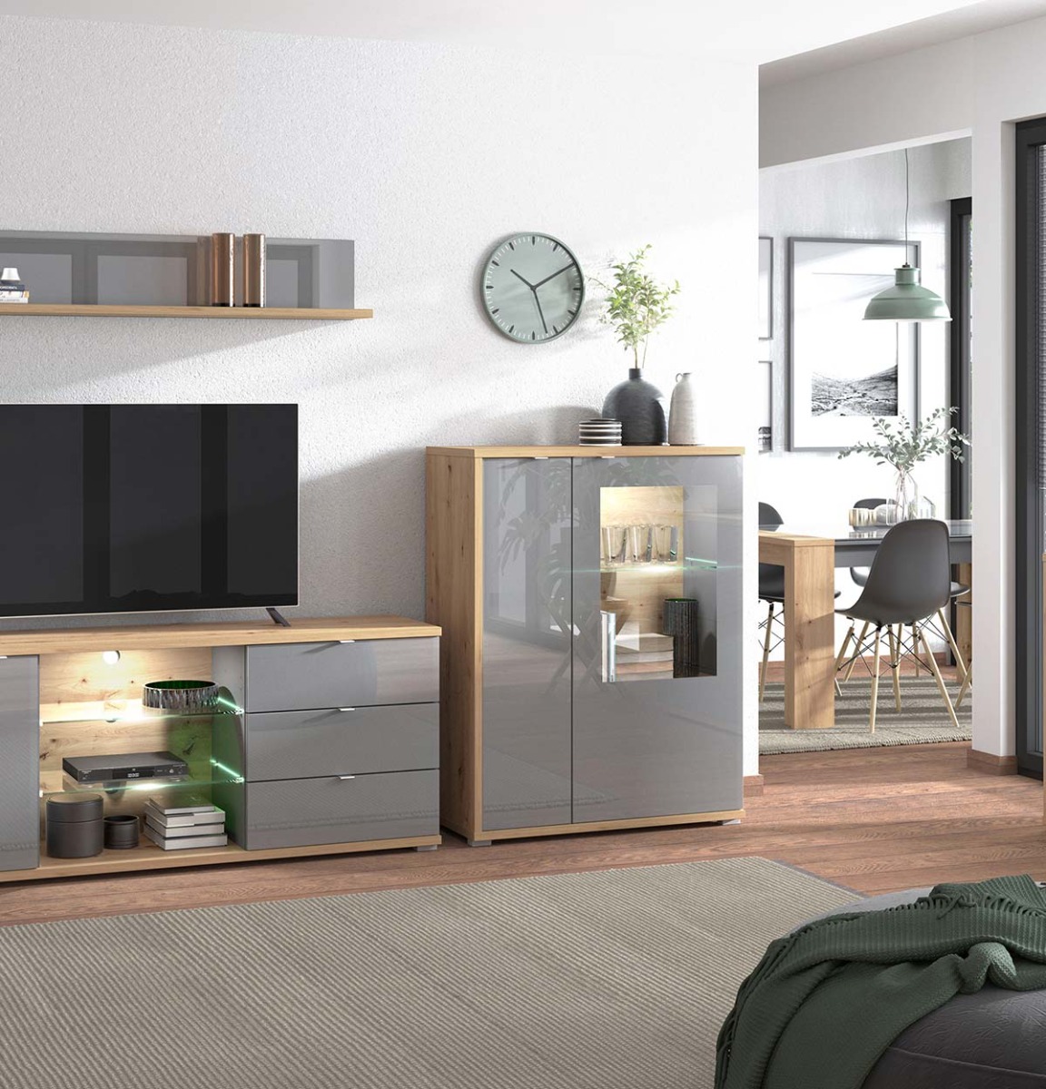 Vetrina bassa con ante vetro grigio, finitura Grafite e Rovere