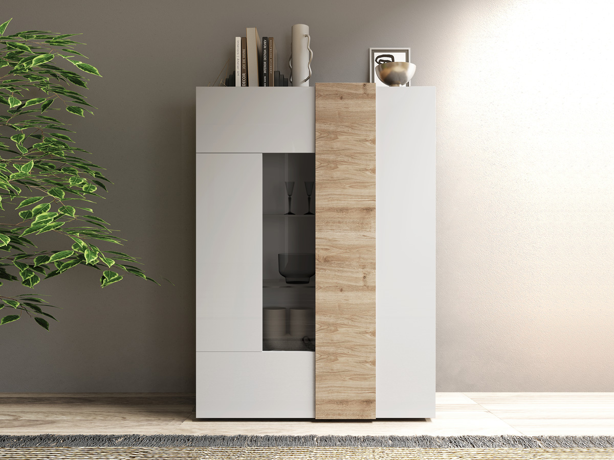 Soggiorno composta da 1 madia,1 vetrina e 1 tavolo, Kadiz e Bianco lucido