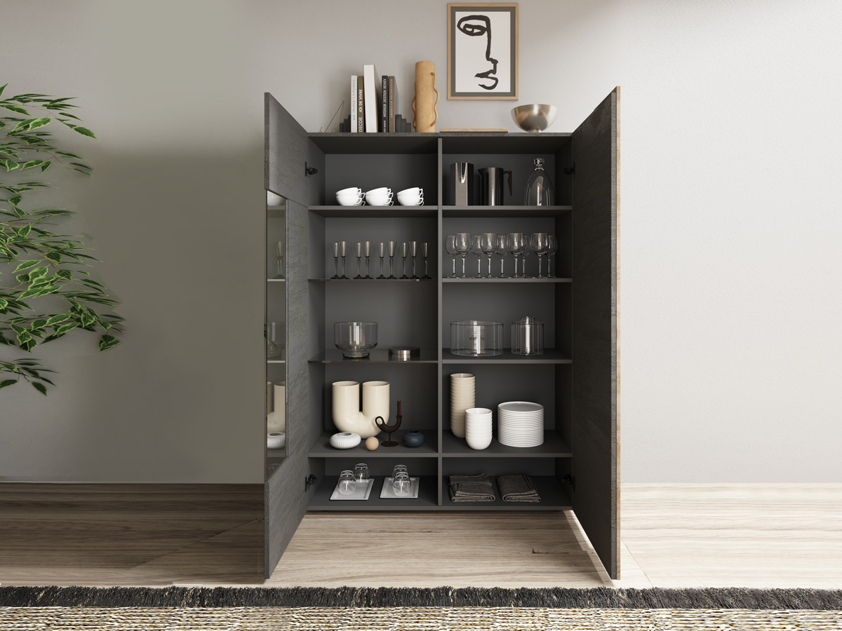 Soggiorno moderno, 1 madia,1 vetrina e 1 tavolo, Kadiz e Titanio Zenzero Shop