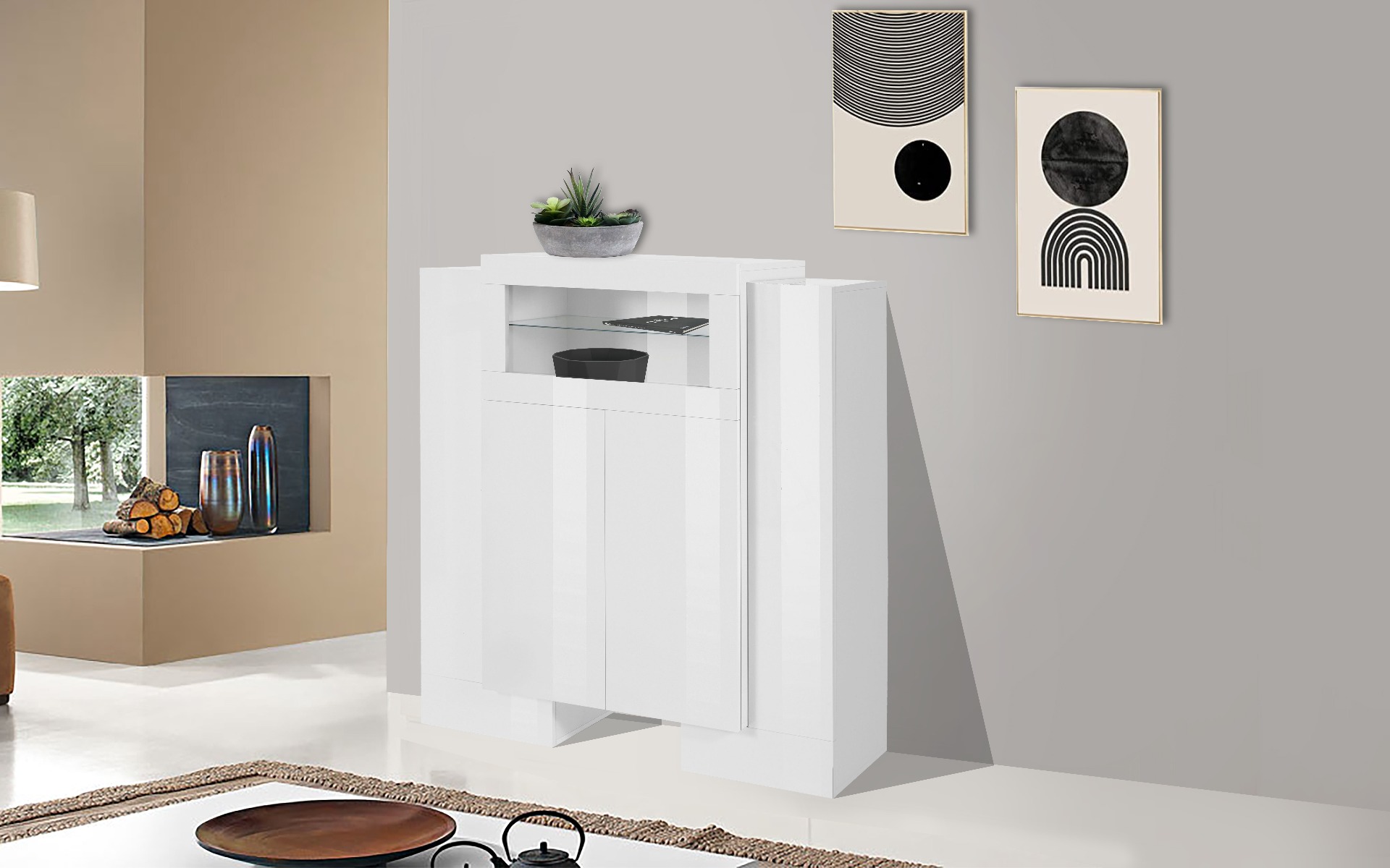 Vetrinetta di design 4 ante una ribalta, finitura Bianco laccato lucido