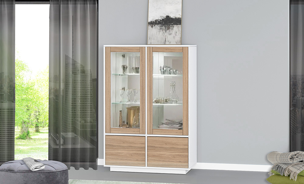 Vetrina in finitura noce caracalla e struttura bianca laccata lucida 