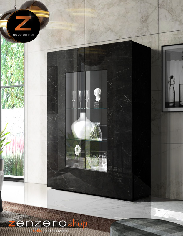 Soggiorno moderno Marmo Lucido Nero di Lusso con Porta TV, Madia e Vetrina