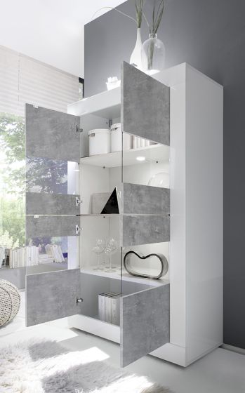 Soggiorno moderno bianco lucido e Cemento con Vetrina e Madia 2 ante 2 cassetti