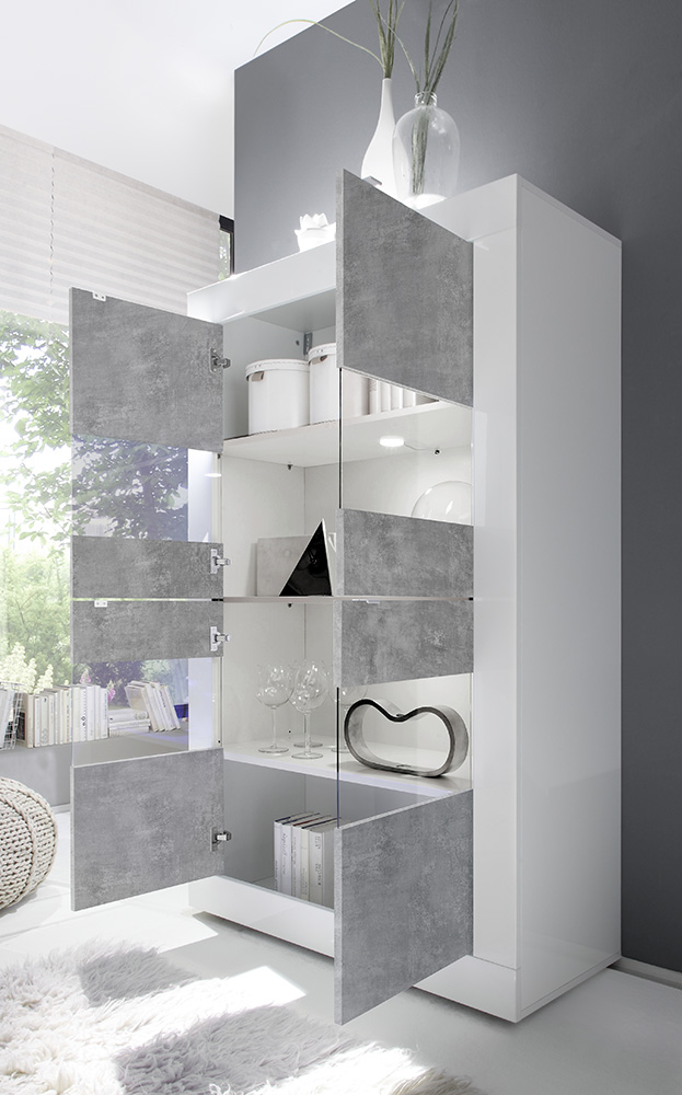 Vetrina doppia colonna "Beta" Bianca Lucida con 4 ante Cemento