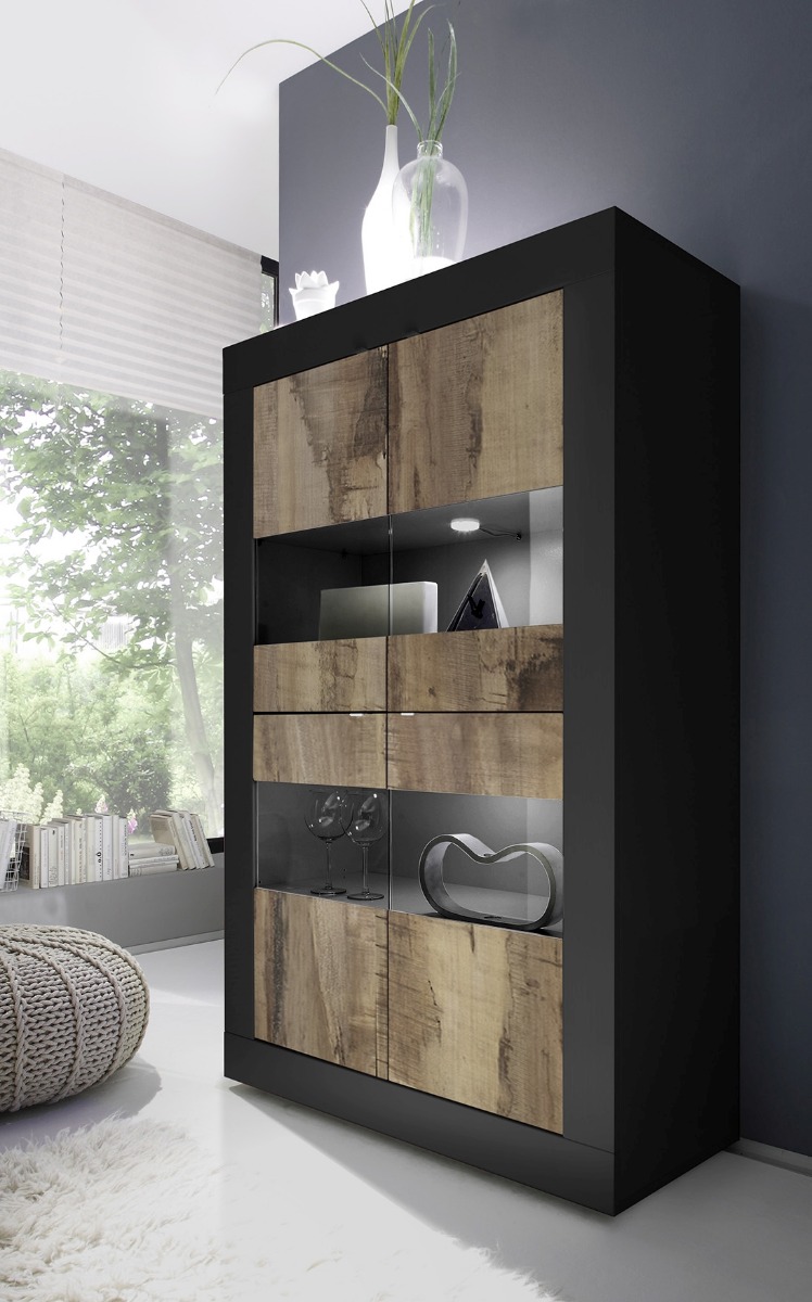 Vetrina moderna scontata con 2 ante, Nero e Pero