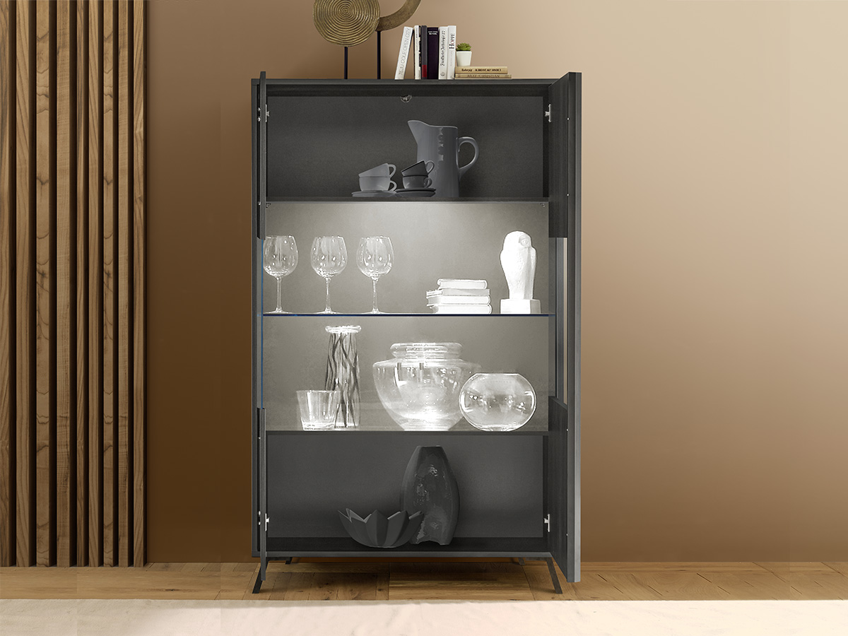 Vetrina moderna 2 ante parzialmente vetro, finitura Nero Frassinato