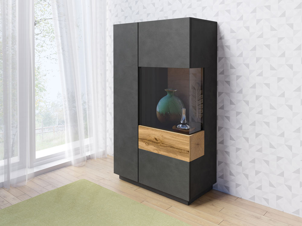 Credenza alta , vetrina contenitore, finitura antracite e rovere naturale