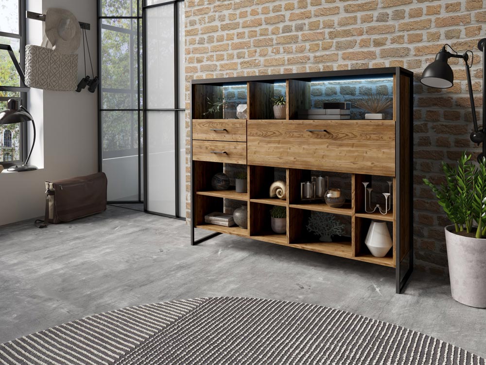 Libreria composta da 2 cassetti 1 ribalta, finitura legno invecchiato metallo nero