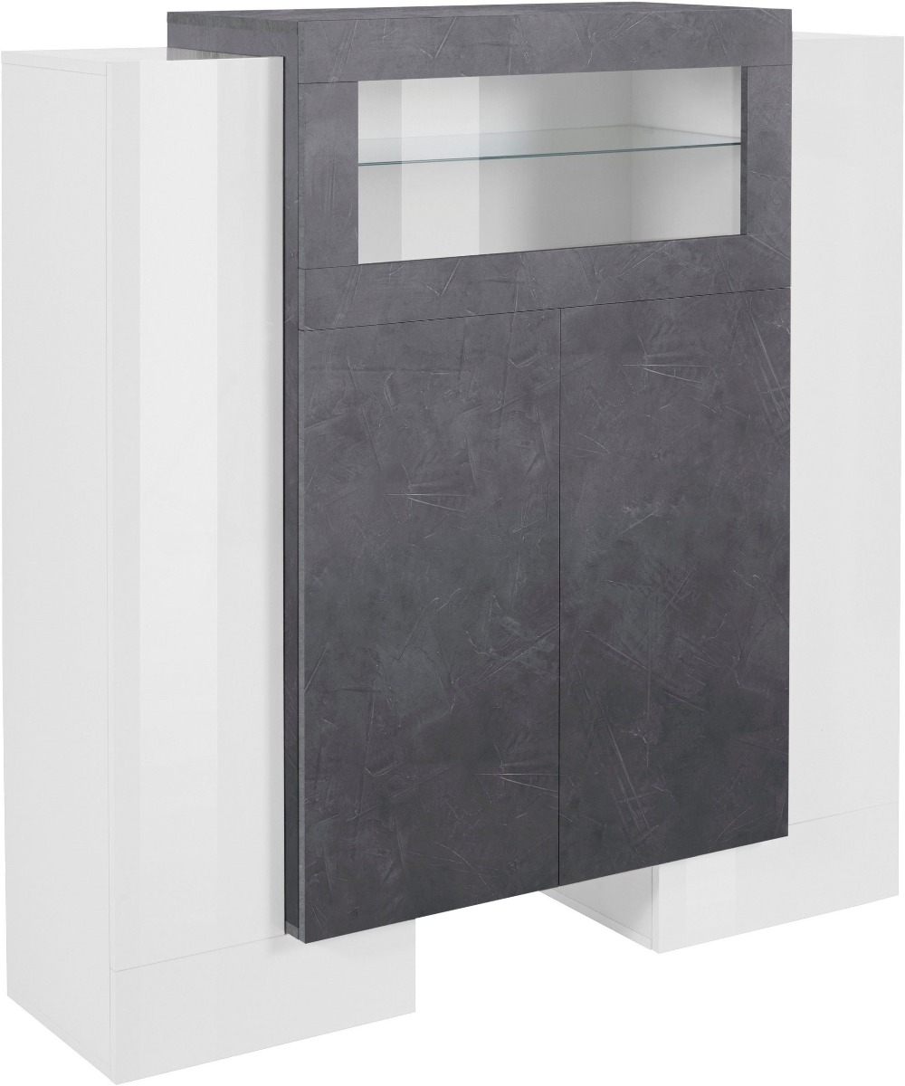 Vetrinetta di design 4 ante una ribalta, finitura Ardesia e Bianco laccato lucido