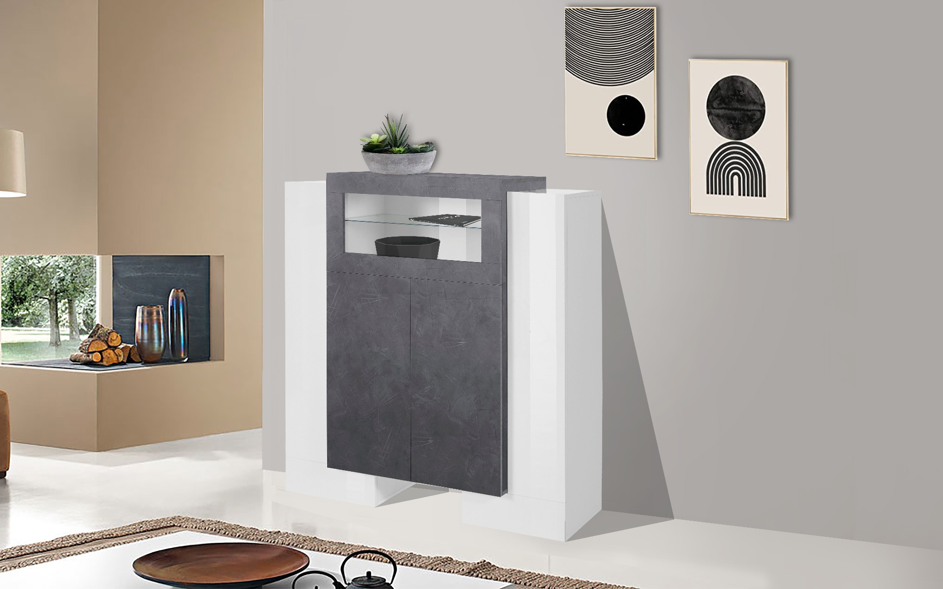 Vetrinetta di design 4 ante una ribalta, finitura Ardesia e Bianco laccato lucido