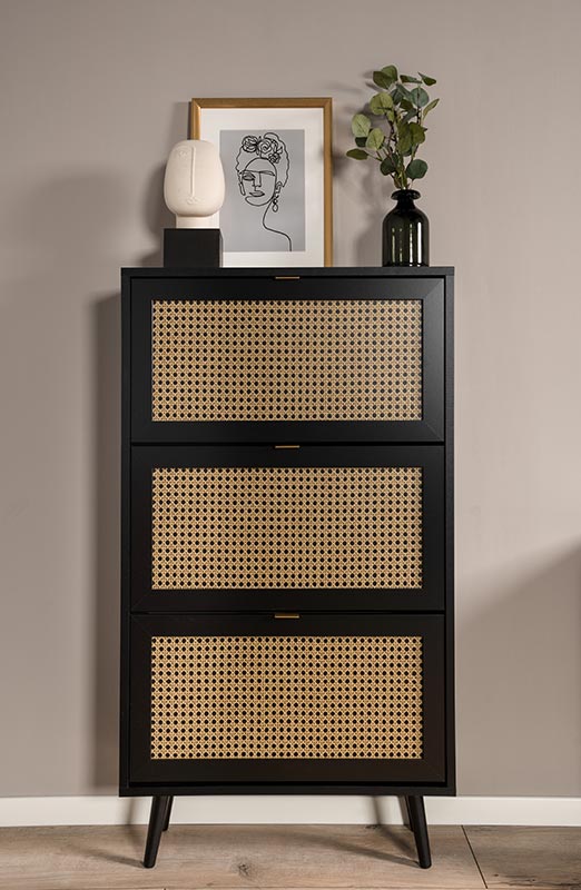 Scarpiera  Arendal con 3 cassetti in finitura Nero opaco con dettagli Oro