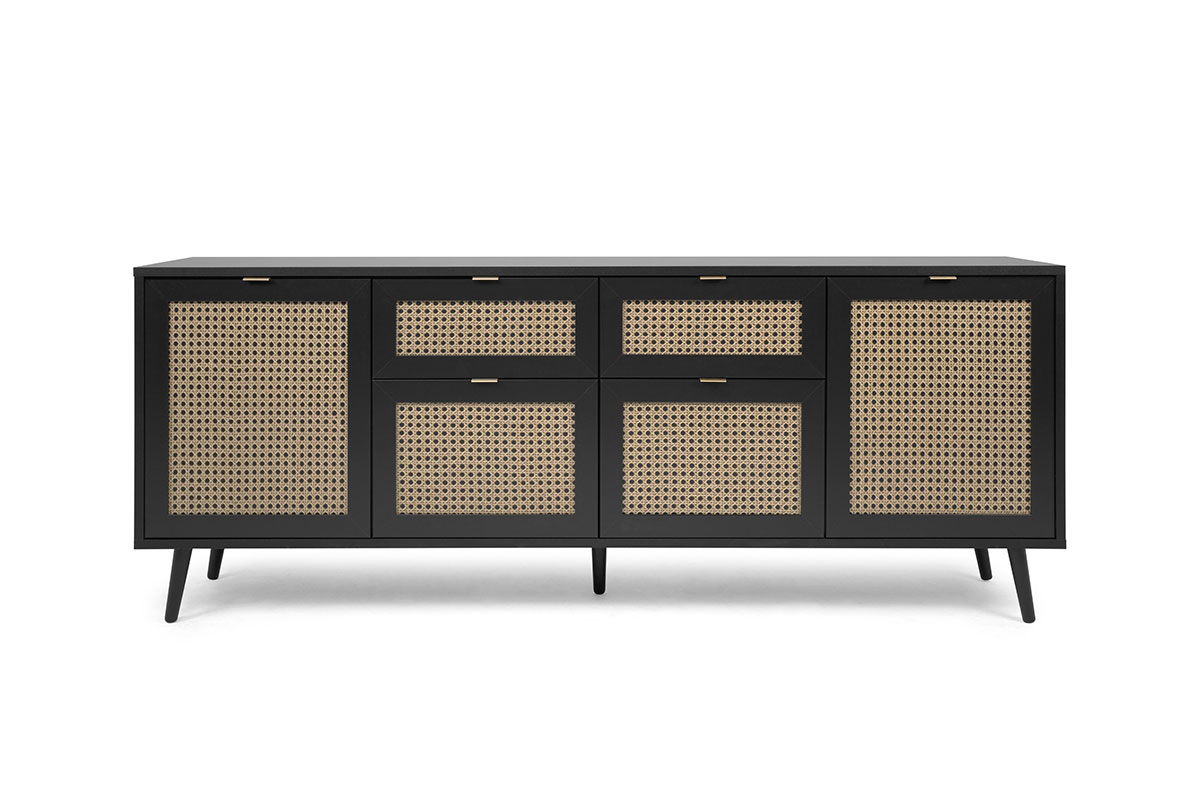 Madia moderna Arendal con 4 ante e 2 cassetti in finitura Nero opaco con dettagli Oro