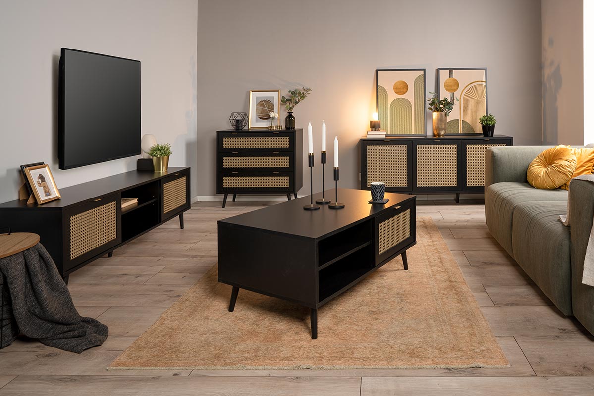 Soggiorno moderno  Arendal in finitura Nero opaco con dettagli Oro