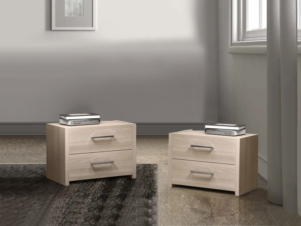 Comodini Olmo natura a 2 cassetti, maniglie in metallo