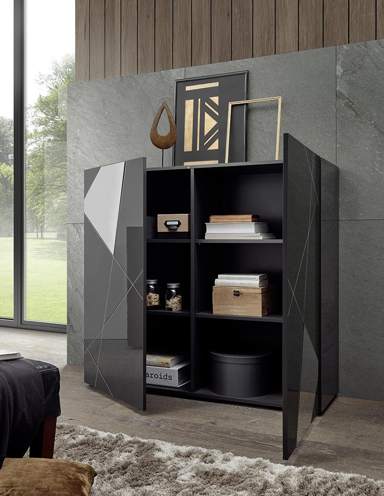 Soggiorno moderno con 2 madie e un porta Tv in finitura Grigio lucido con specchi