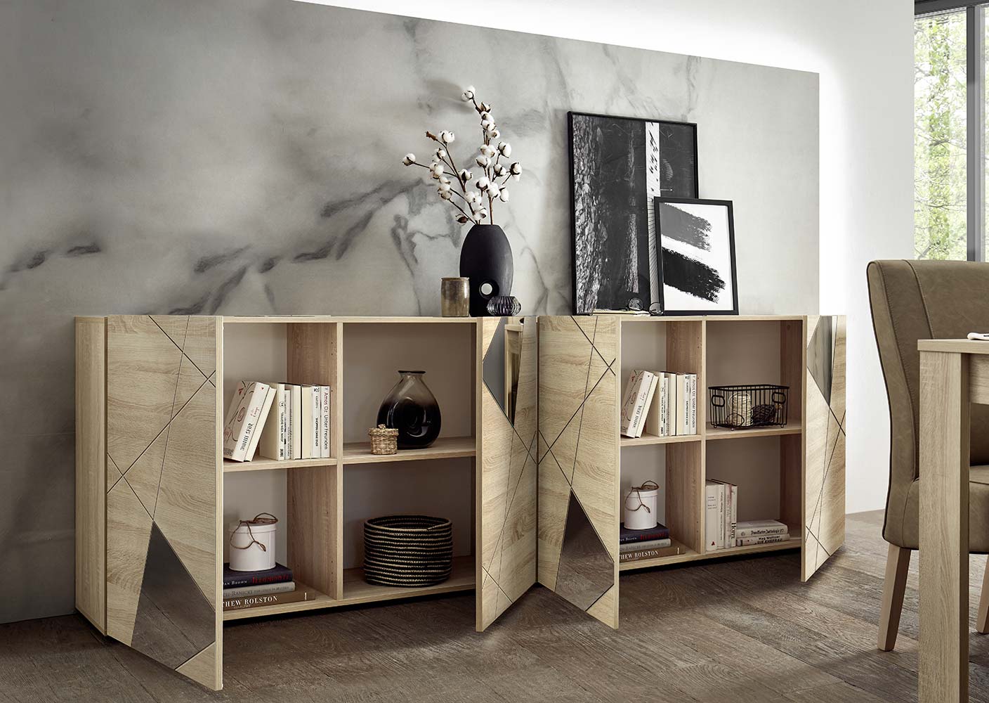 Madia moderna serigrafata con 4 ante e specchi in finitura Rovere samoa