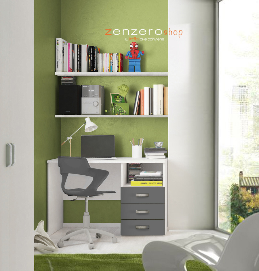 Scrivania con cassettiera e vano a giorno in finitura Grigio Titanio, Cemento Artico