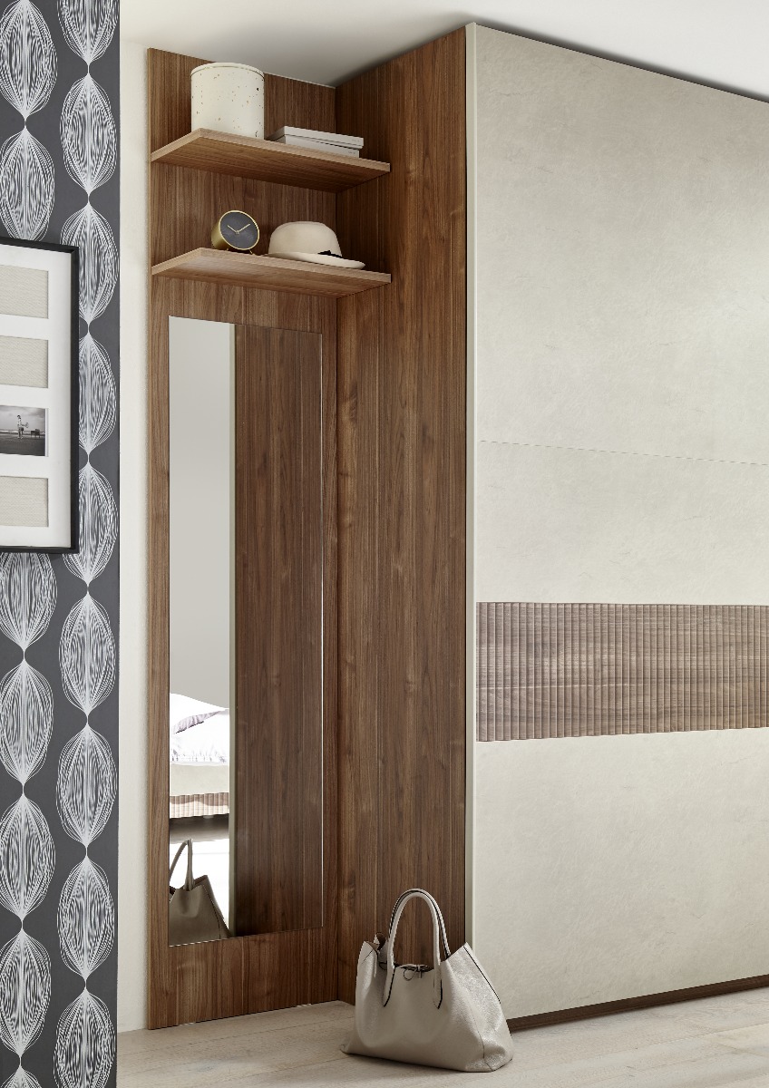 Armadio 2 ante scorrevoli, conveniente e moderno, finitura Noce Scuro, Argilla con inserto Noce